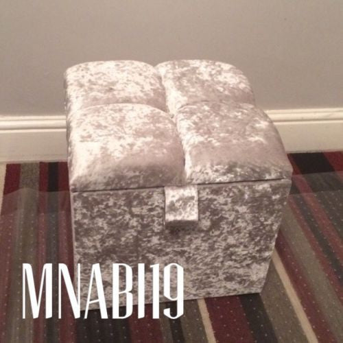 SILVER CRUSHED VELVET 1 DIAMOND OTTOMAN STORAGE FOOTSTOOL