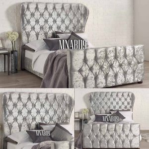 NEO SILVER WING BACK CRUSHED VELVET BED WITH DIAMOND HEADBOARD AND FOOTBOARD OPTIONAL MATTRESS - Nabi's Ottoman Furniture