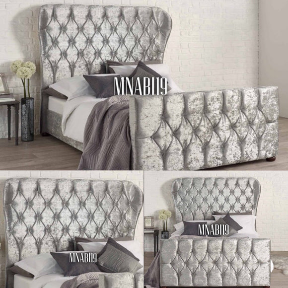 NEO SILVER WING BACK CRUSHED VELVET BED WITH DIAMOND HEADBOARD AND FOOTBOARD OPTIONAL MATTRESS - Nabi's Ottoman Furniture