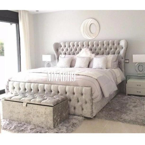 NIARA SILVER WING BACK CRUSHED VELVET BED WITH DIAMOND HEADBOARD AND FOOTBOARD - Nabi's Ottoman Furniture