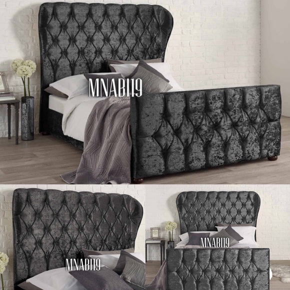 NEO BLACK WING BACK CRUSHED VELVET BED WITH DIAMOND HEADBOARD AND FOOTBOARD OPTIONAL MATTRESS - Nabi's Ottoman Furniture