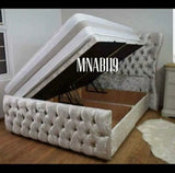 NIARA DIVAN WOODEN OTTOMAN WING BACK SILVER CRUSHED VELVET BED WITH DIAMOND HEADBOARD AND FOOTBOARD