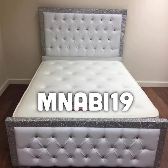 WHITE FAUX LEATHER BED WITH GLITTER BORDER AND DIAMONDS - Nabi's Ottoman Furniture