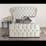 NEO IVORY CREAM WING BACK CRUSHED VELVET BED WITH DIAMOND HEADBOARD AND FOOTBOARD OPTIONAL MATTRESS - Nabi's Ottoman Furniture