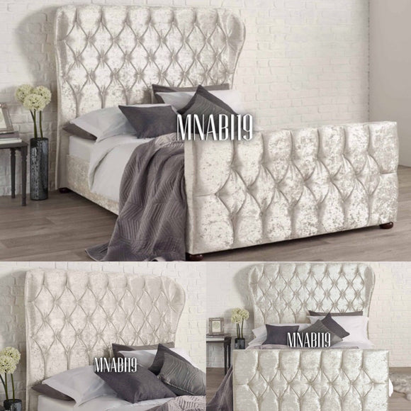 NEO IVORY CREAM WING BACK CRUSHED VELVET BED WITH DIAMOND HEADBOARD AND FOOTBOARD OPTIONAL MATTRESS - Nabi's Ottoman Furniture