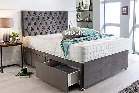 GREY PLUSH VELVET DIVAN BED FRAME OPTIONAL DRAWS