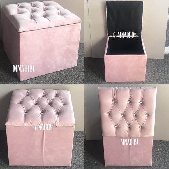 PINK PLUSH VELVET 10 DIAMANTÉ OTTOMAN CUBE FOOTSTOOL - Nabi's Ottoman Furniture