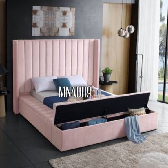 PARK LANE 2.0 SIDE STORAGE LINE BED FRAME IN PLUSH VELVET IN VARIOUS COLOURS AND SIZES