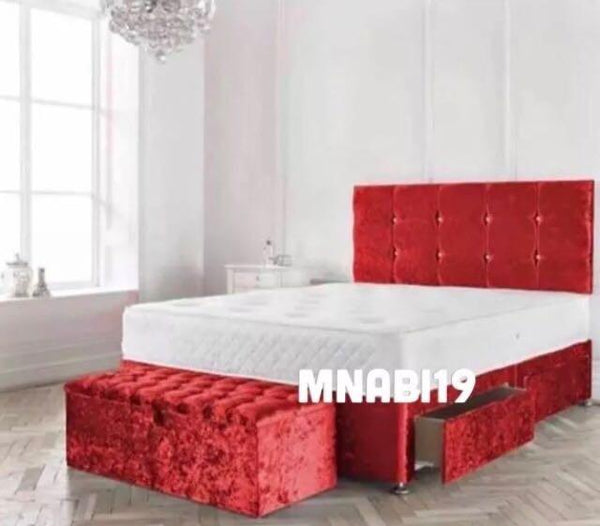 RED CRUSHED VELVET DIVAN BED FRAME WITH OR WITHOUT MATTRESS