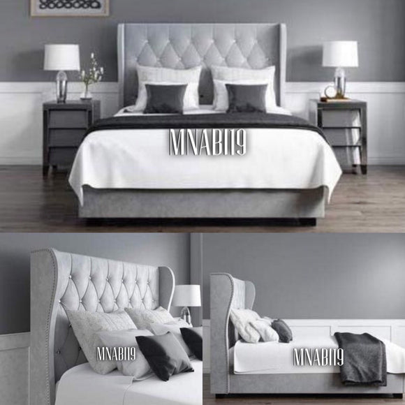 SIANA GREY PLUSH SOFT VELVET BED WITH DIAMANTE STUDDED HEADBOARD - Nabi's Ottoman Furniture