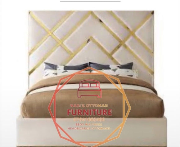 LEON NEW DESIGN OTTOMAN BED FRAME GOLD MIRROR PYRAMID STRIPE