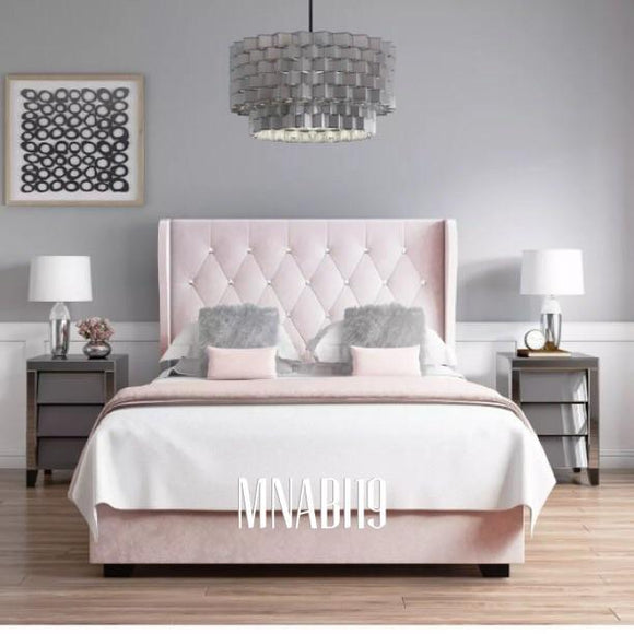 SIANA PINK PLUSH SOFT VELVET BED WITH DIAMOND HEADBOARD - Nabi's Ottoman Furniture