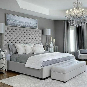 SOPHIA GREY PLUSH SOFT VELVET BED WITH DIAMANTE STUDDED HEADBOARD