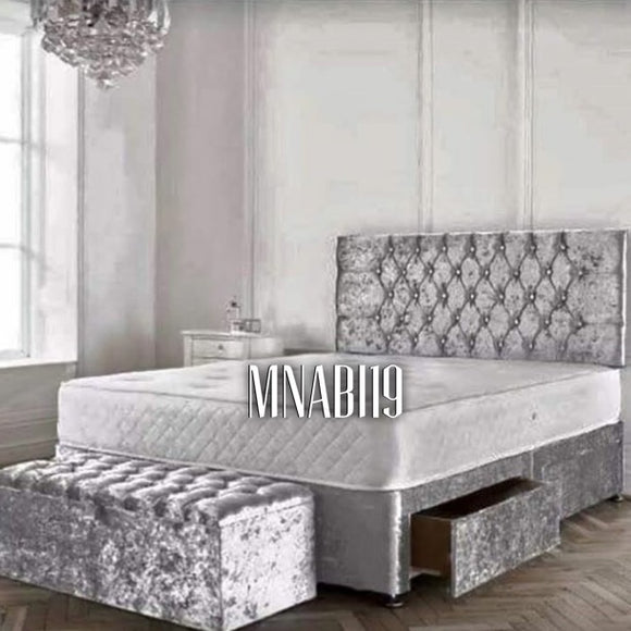 SILVER CRUSHED VELVET CRISSCROSS DIVAN BED FRAME WITH OPTIONAL DRAWS