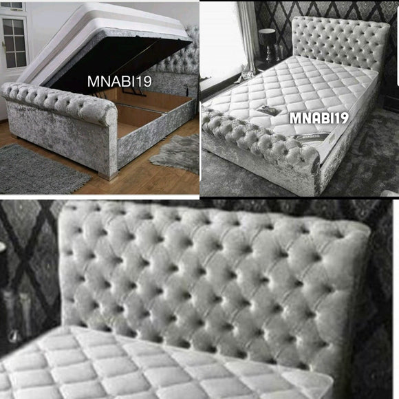 SILVER CRUSHED VELVET SLEIGH WOODEN OTTOMAN BED - Nabi's Ottoman Furniture